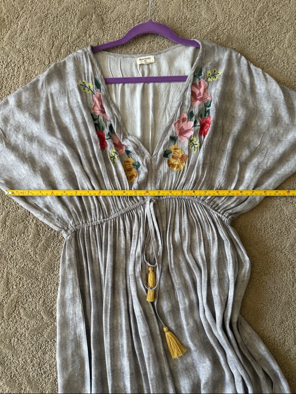 World Market Grey Embroidered Floral V-neck  Kimono L/XL CoverUp Maxi Dress - Picture 8 of 9